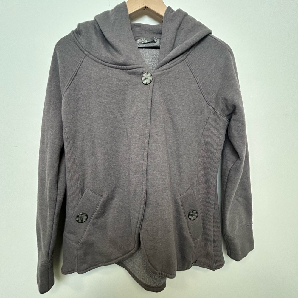 prAna Gray Asymmetrical Button Front Hooded Cardigan Jacket Women’s Medium
